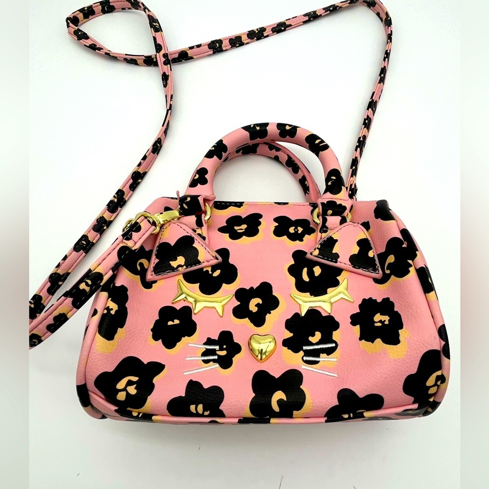 Luv Betsy Pink Floral Handbag with gold cat face.  Handles, removable strap EUC
